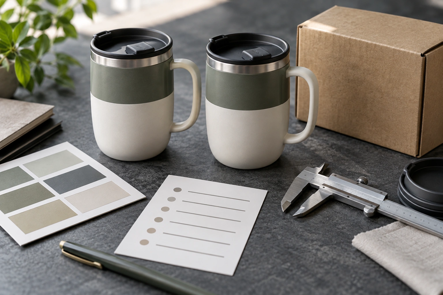 Two matching unbranded travel mugs sit beside color swatches, a checklist card, calipers, and a carton.
