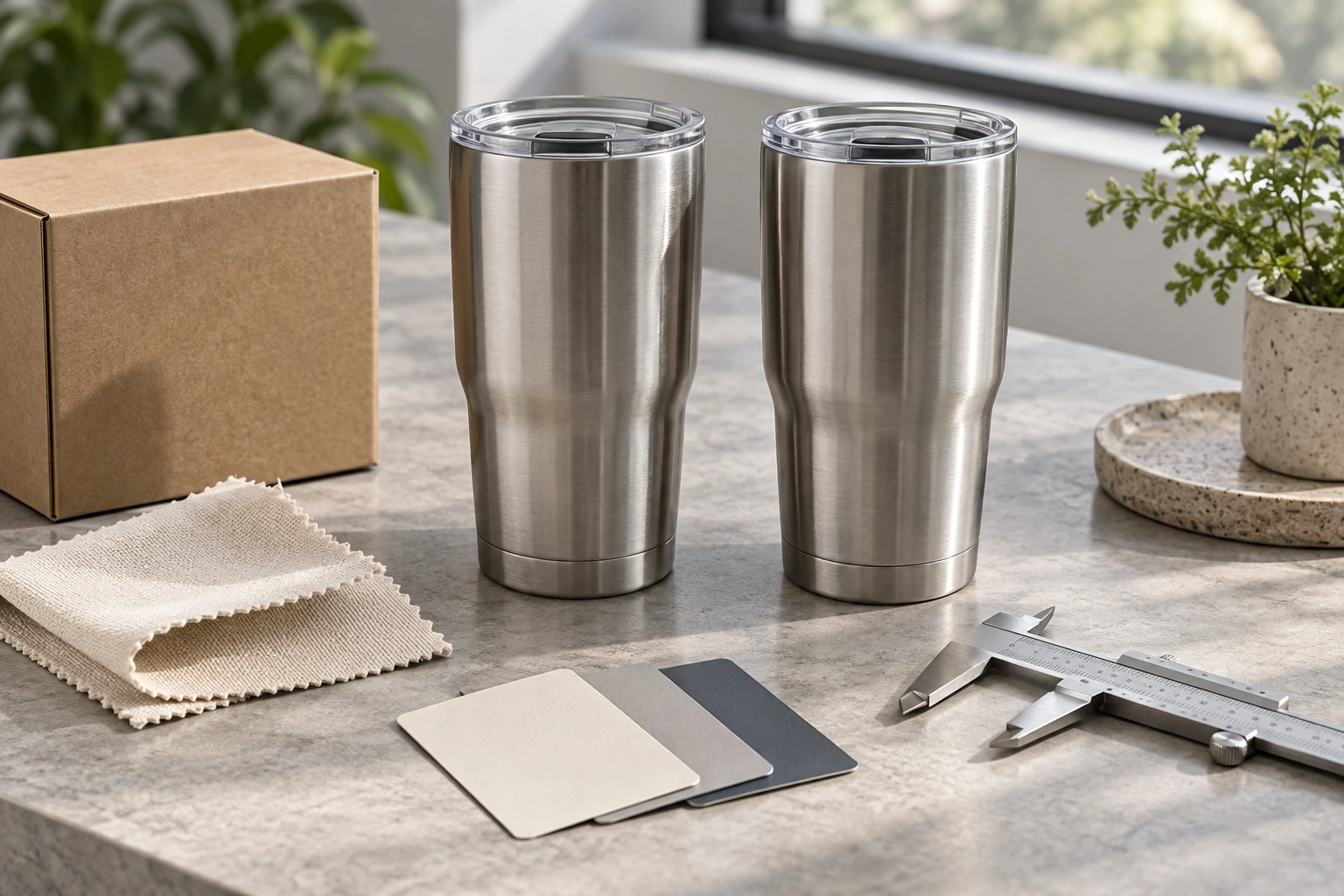 Two unbranded tumblers with fabric and color samples, a caliper, and a kraft box arranged for product inspection.