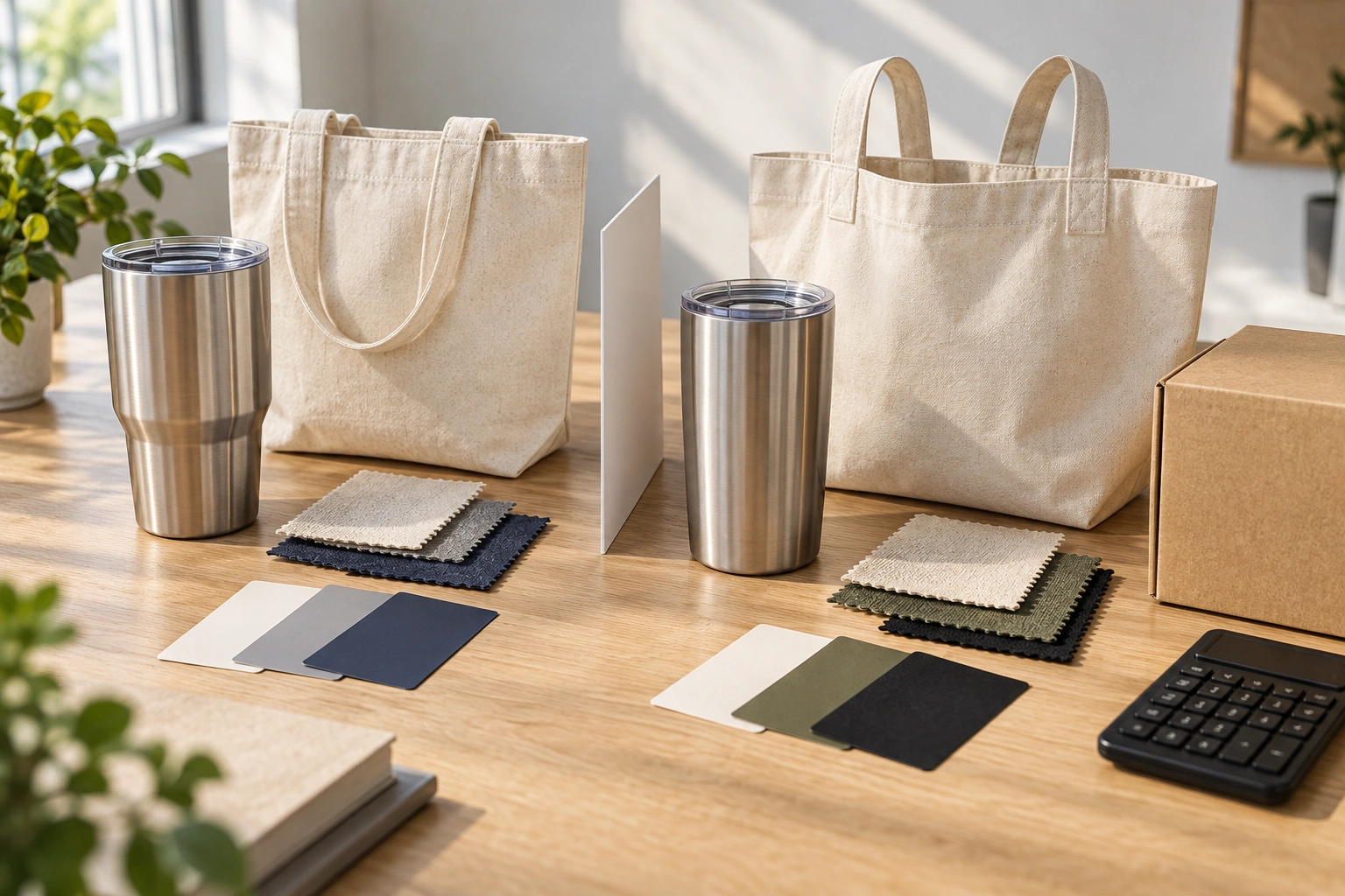 Unbranded tumblers, canvas totes, color swatches, and a shipping carton arranged as two product options on a sunlit table.