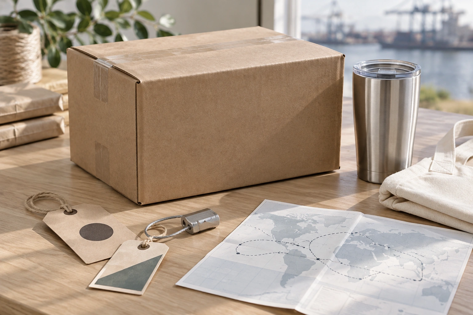 An unbranded carton, tumbler, tote, cargo tags, seal, and unlabeled route map on a logistics table.