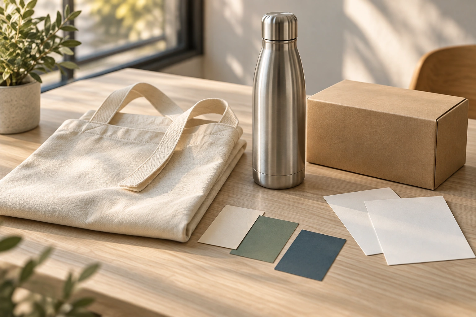 An unbranded tote, metal bottle, presentation box, blank color swatches, and unmarked cards arranged for a merchandise revision review.