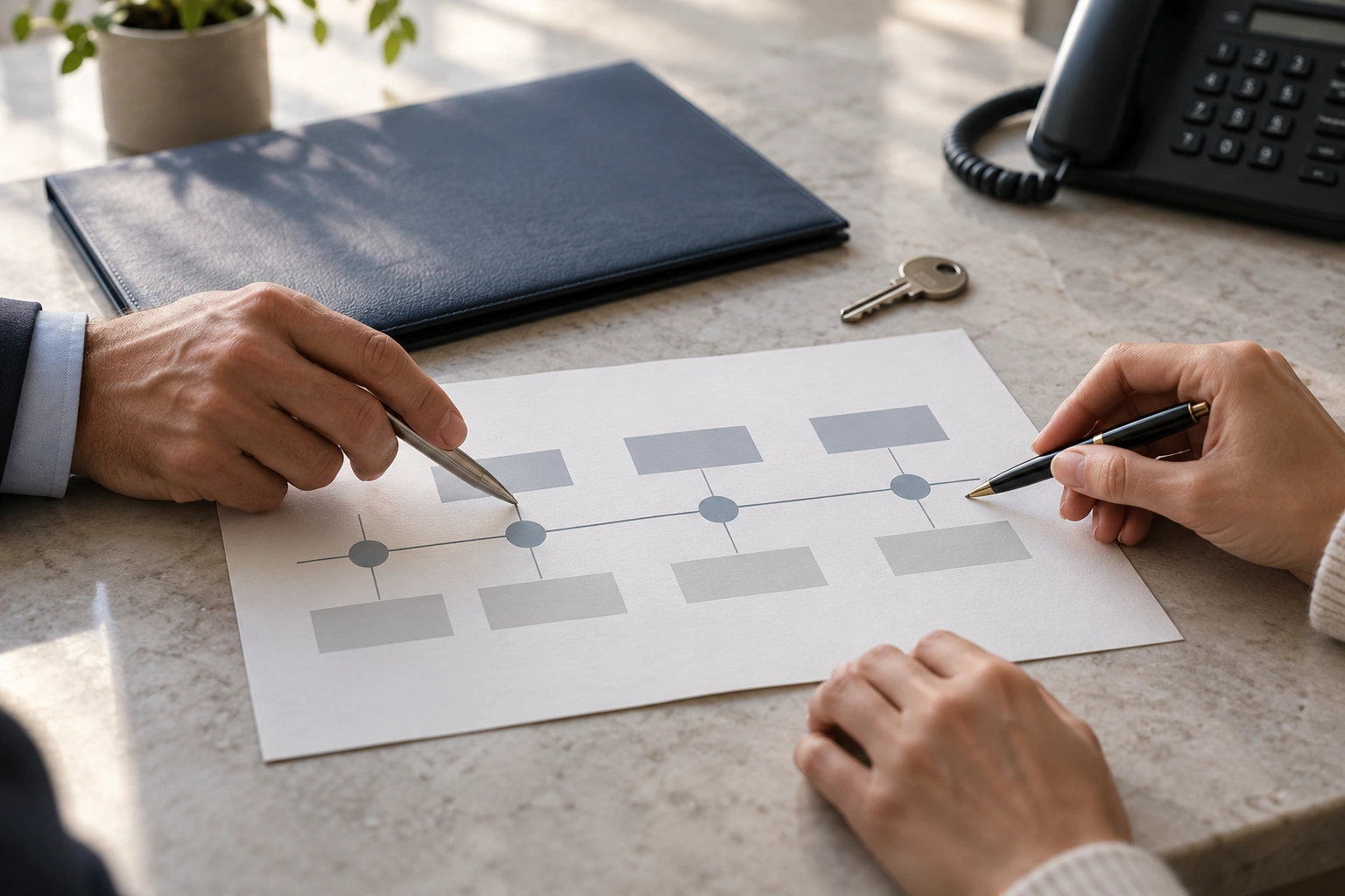 Two people review an unbranded visual payment timeline beside a folder, key, and desk phone.