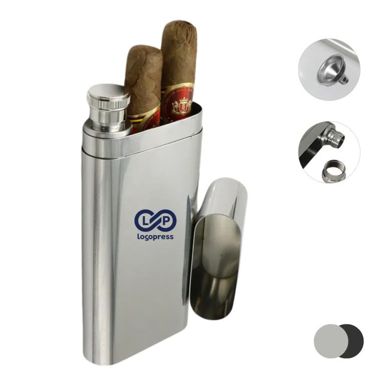 Premium Stainless Steel 2-Finger Cigar Case with 2oz Flask