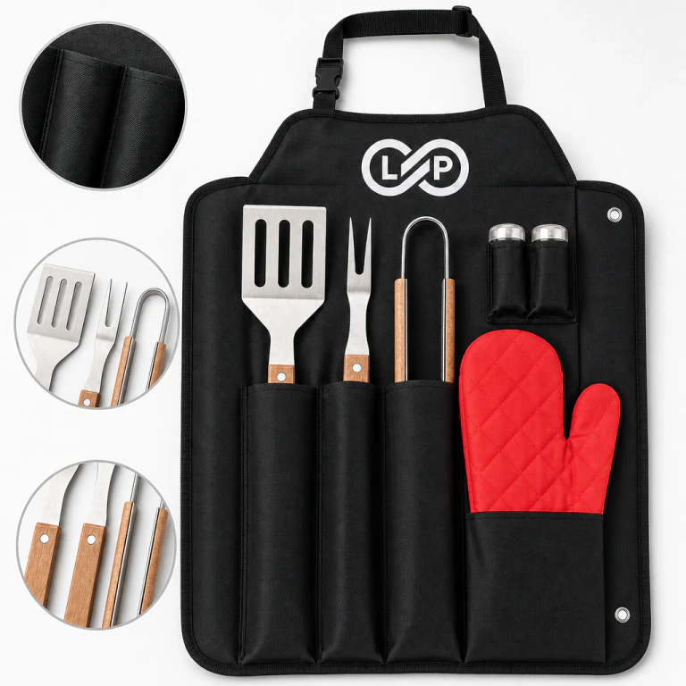 Portable Wooden Handle BBQ Fork Spade Clamp Grill Apron Set