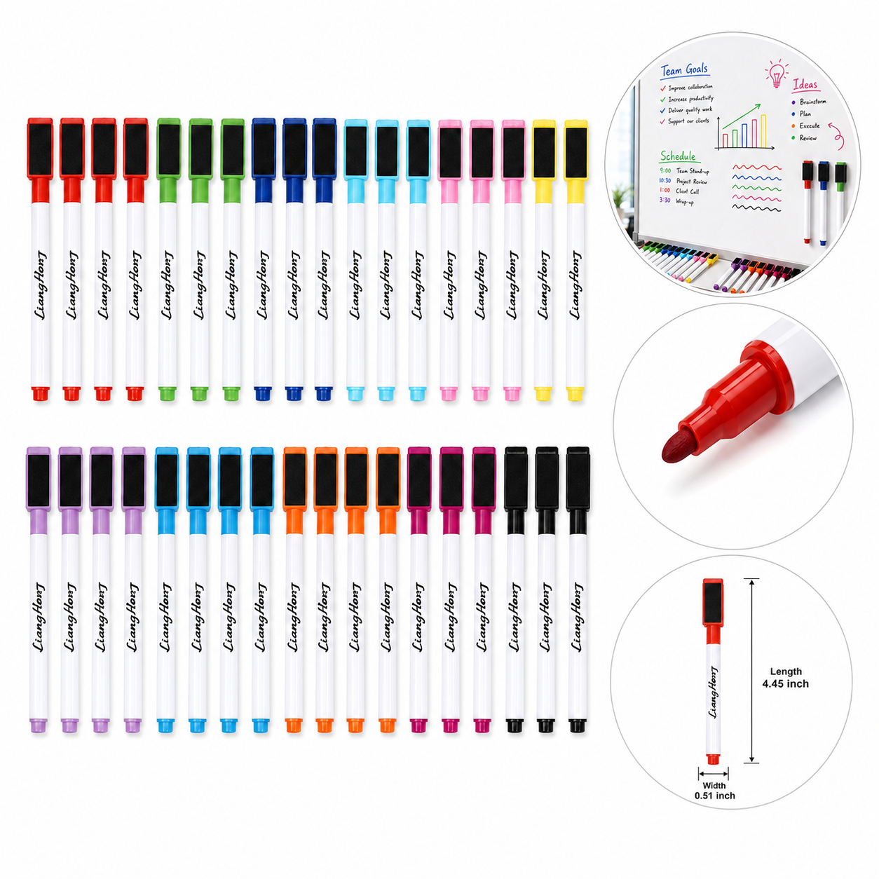Colorful Plastic Magnetic Dry Erase Markers, Pack of 36