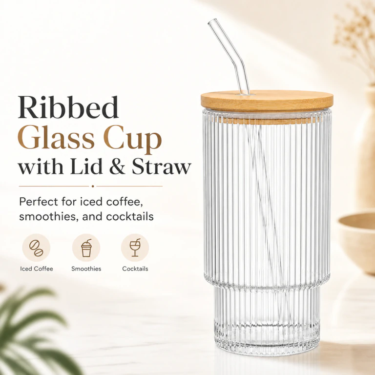 Large Stock Clear Ribbed Glass Cups with Lids and Straws