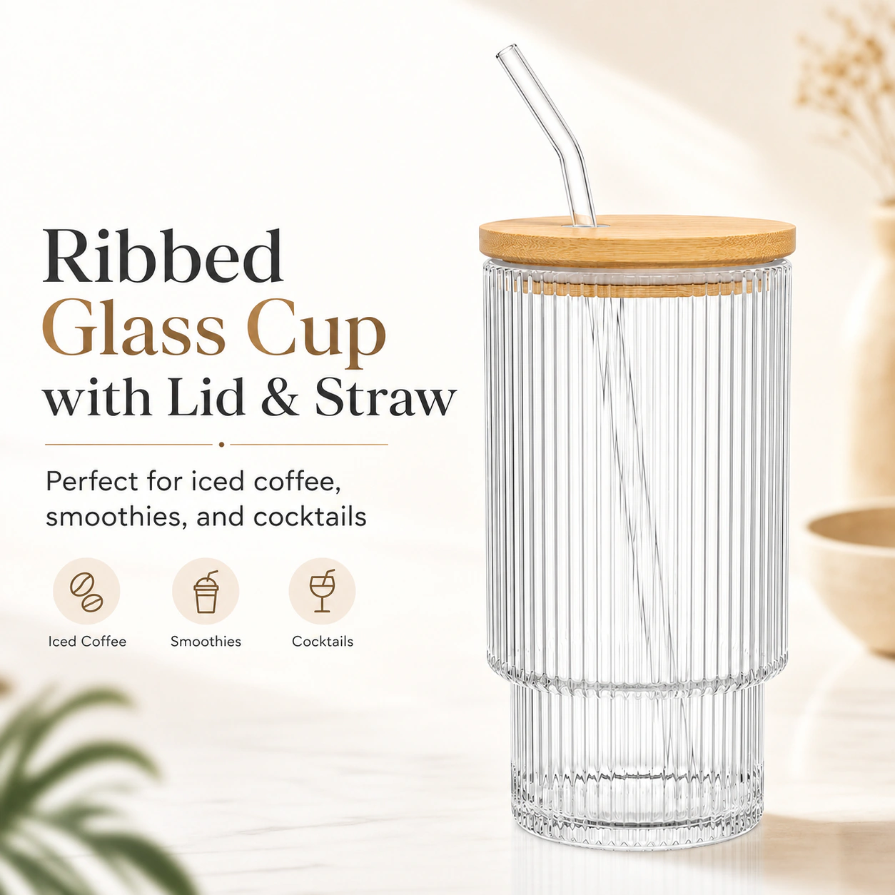 Large Stock Clear Ribbed Glass Cups with Lids and Straws