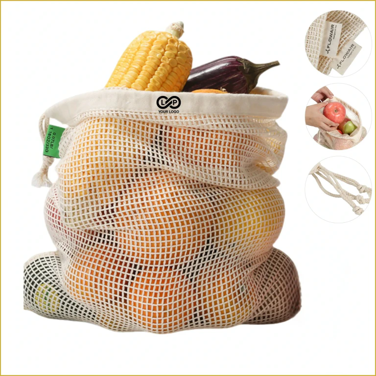 Eco-friendly Cotton Mesh Drawstring Bag, Breathable