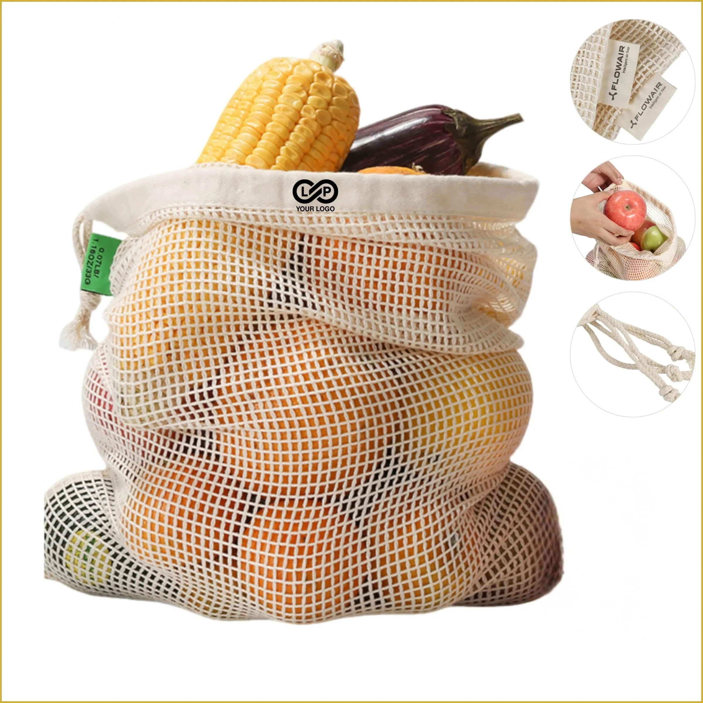 Eco-friendly Cotton Mesh Drawstring Bag, Breathable
