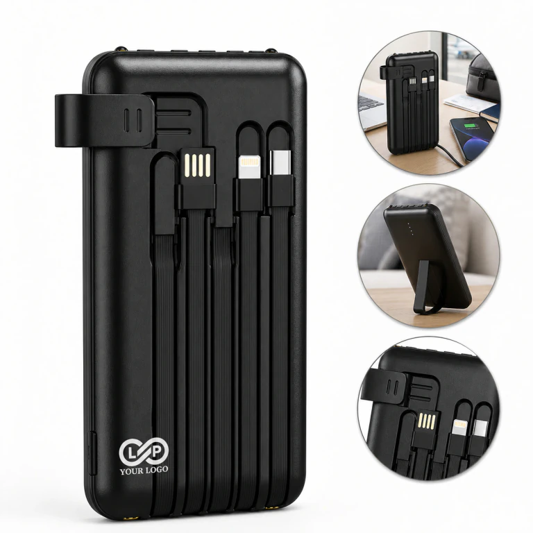 10000mAh Power Bank with Built-in Cables and Hidden Bracket