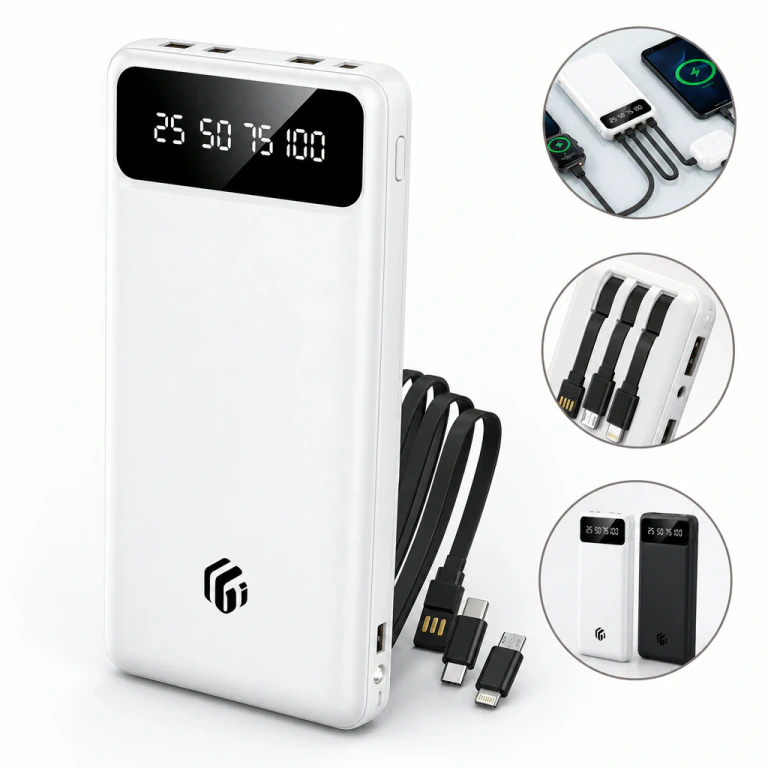 20000mAh Portable Power Bank with 4 Built-in Cables and LED Flashlight