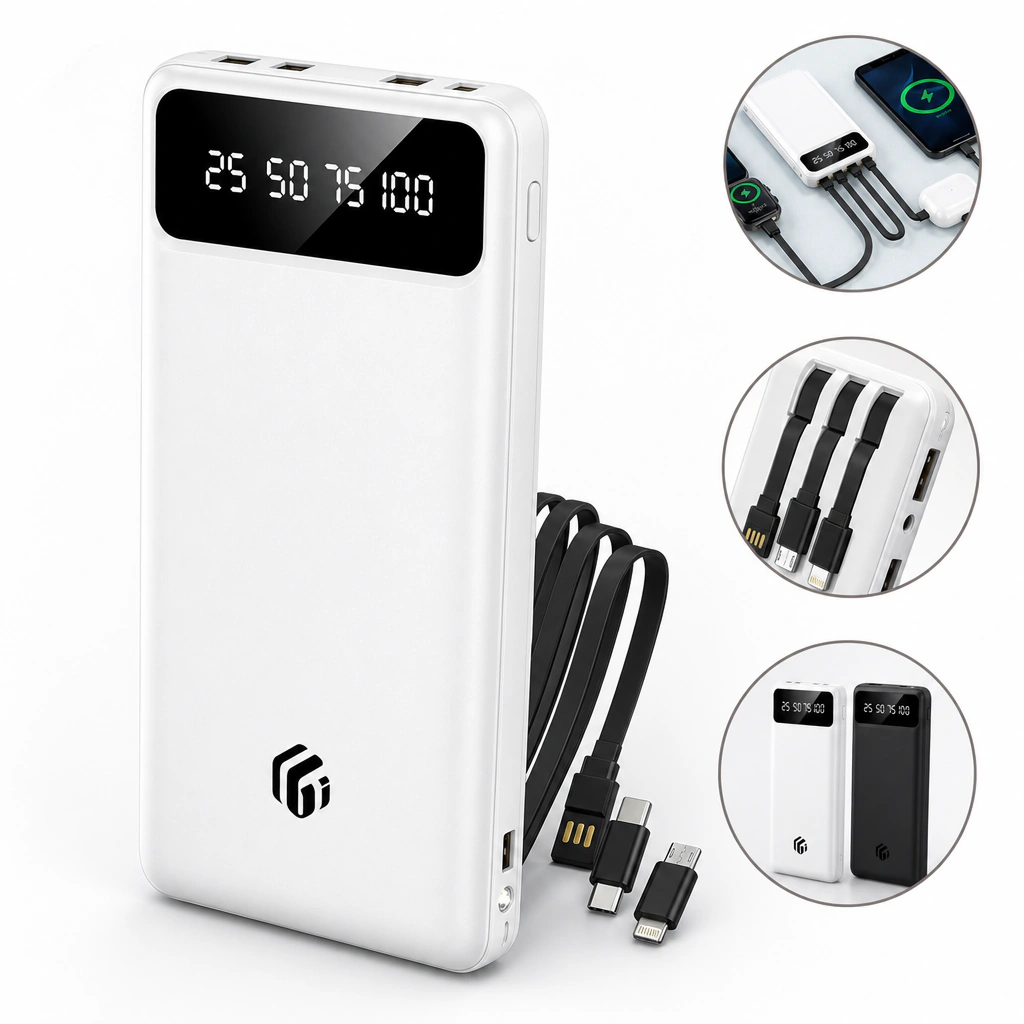 20000mAh Portable Power Bank with 4 Built-in Cables and LED Flashlight