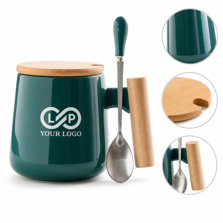Food Safe Ceramic Coffee Mug with Wood Handle, Customizable