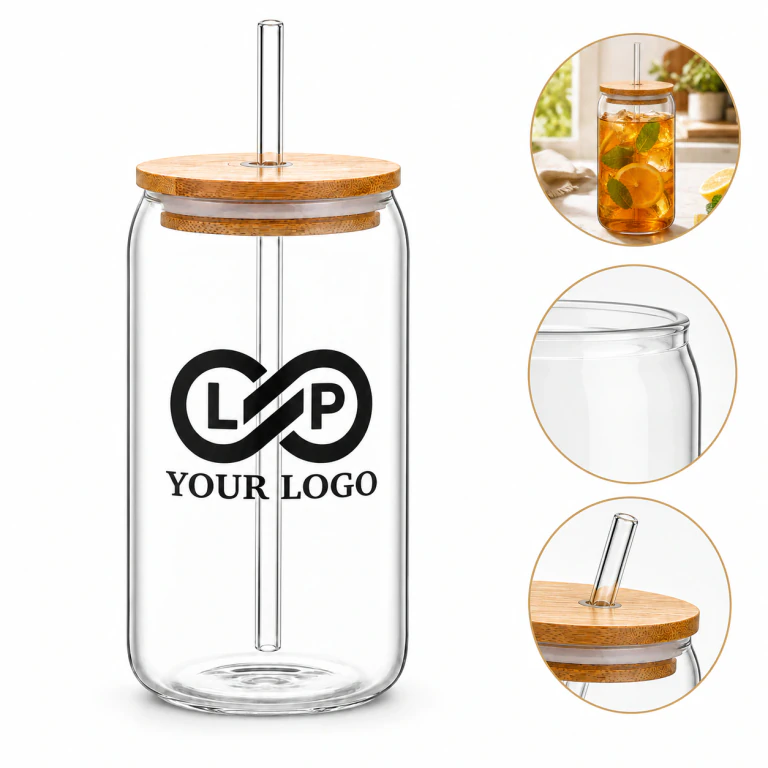 High-Quality Glass Cups with Wooden Lids and Straws
