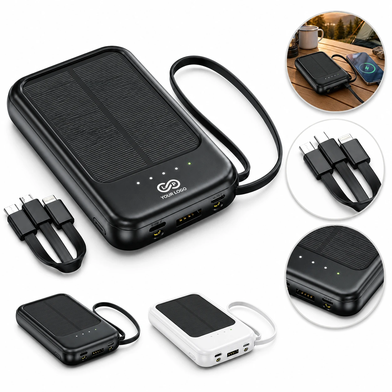 20000mAh Mini Solar Powered Power Bank with Built-in Cable