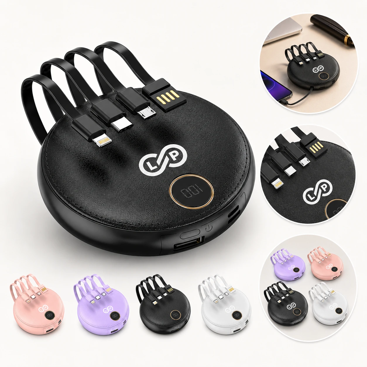 10000mAh Portable Durable Round Power Bank with Built-in Cables