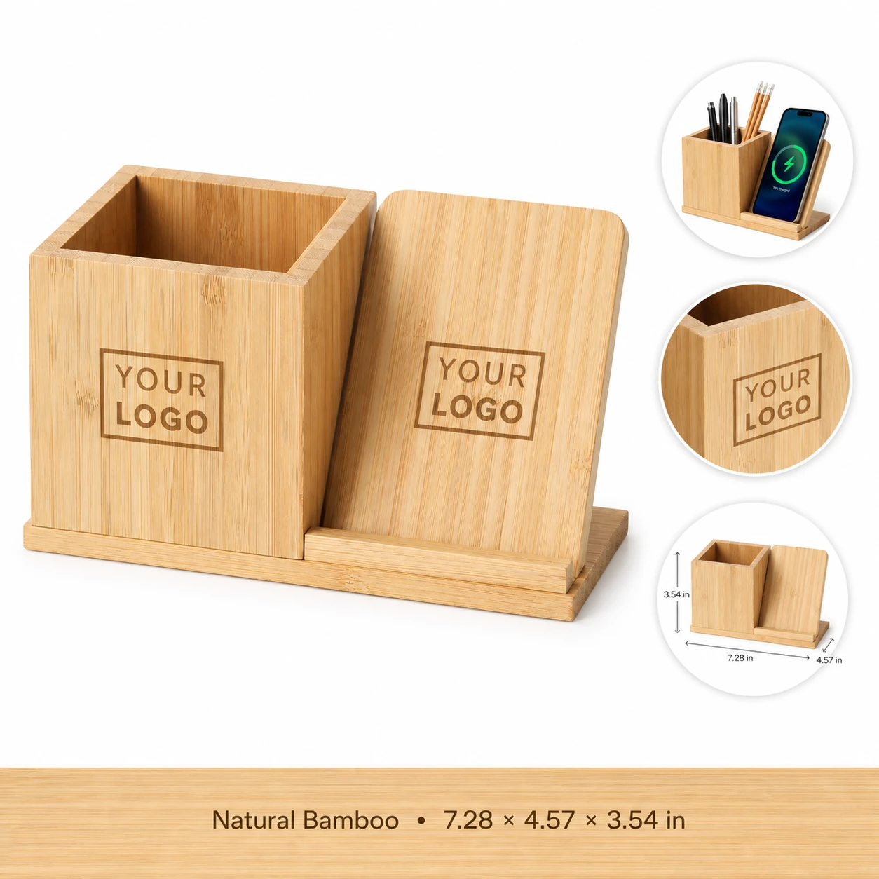 3-in-1 Bamboo Wireless Charger Desk Organizer