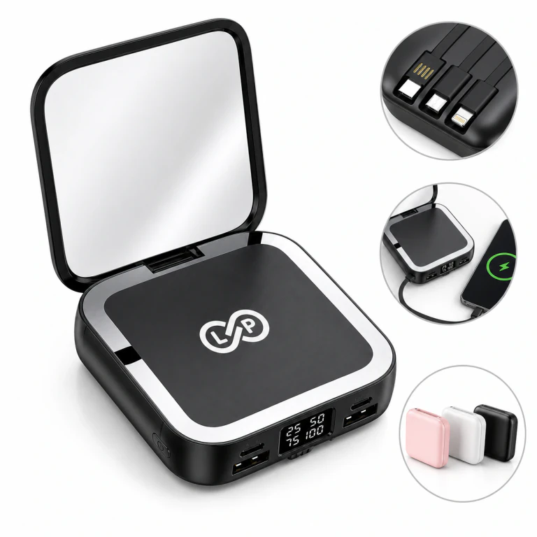 20000mAh Makeup Mirror Power Bank with Built-in Cables