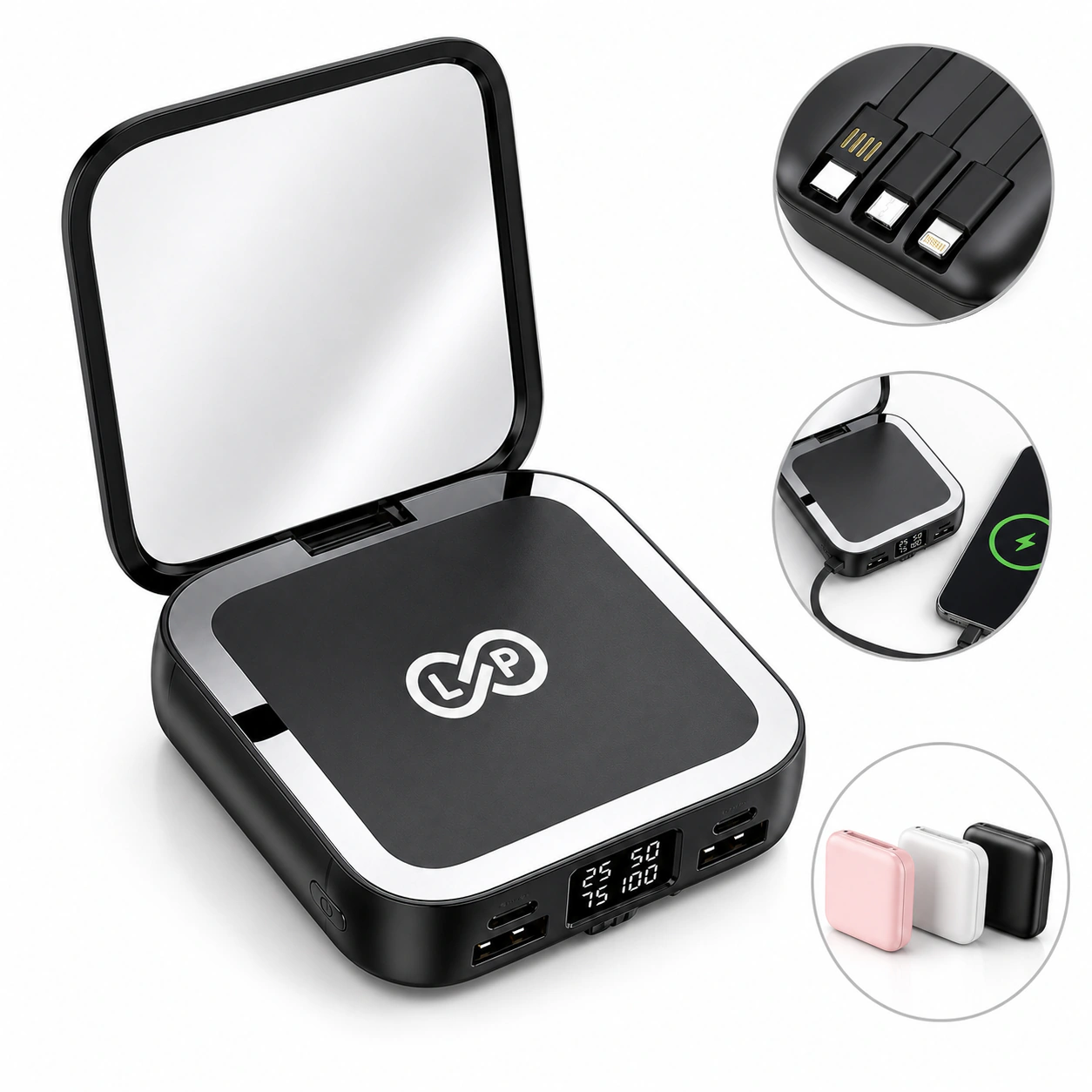 20000mAh Makeup Mirror Power Bank with Built-in Cables