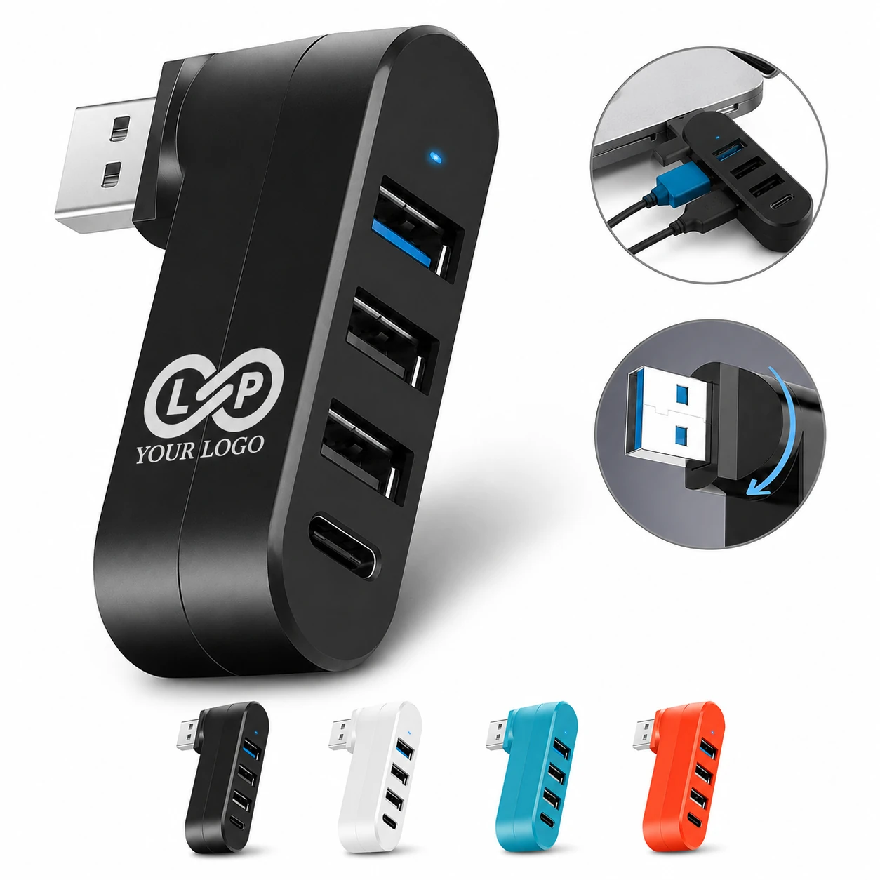 180 Degree Rotatable 4-Port USB 3.0 Hub Expander Adapter