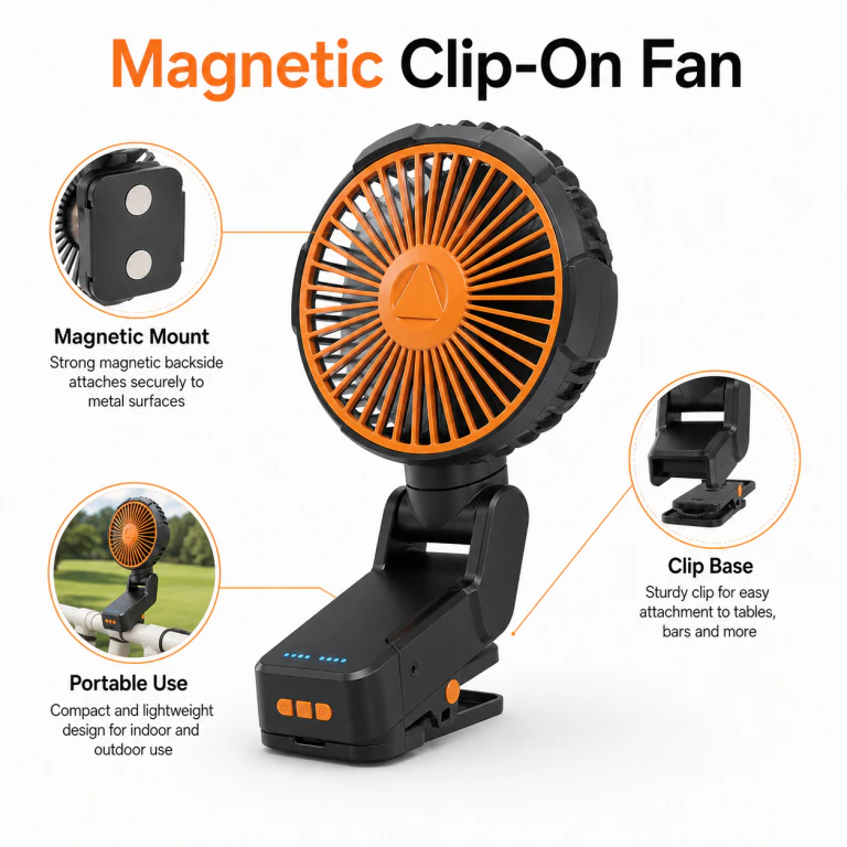 Outdoor Camping Clip-on Fan: 4-Level Wind, 3 LED Modes