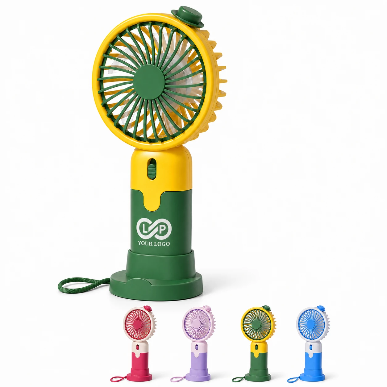 Portable Cute Handheld Fan with Base, 3 Speed, USB Charging, LED Light