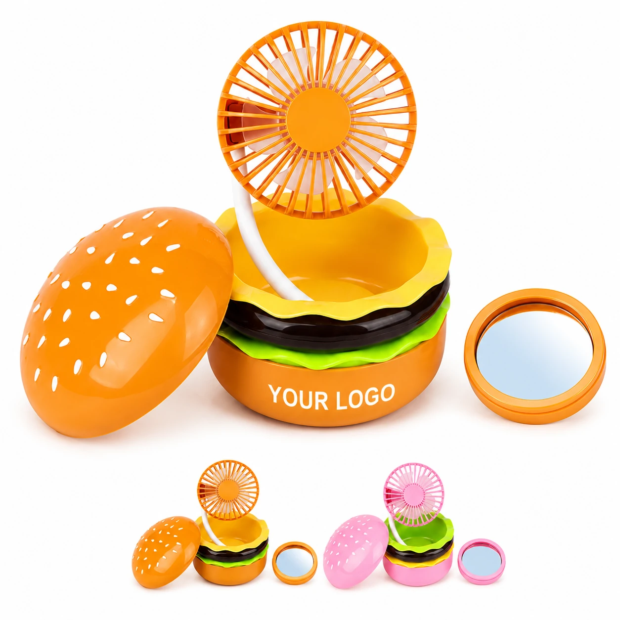 Portable Mini Burger Shape 3 Speeds Fan with Mirror, Summer Gift