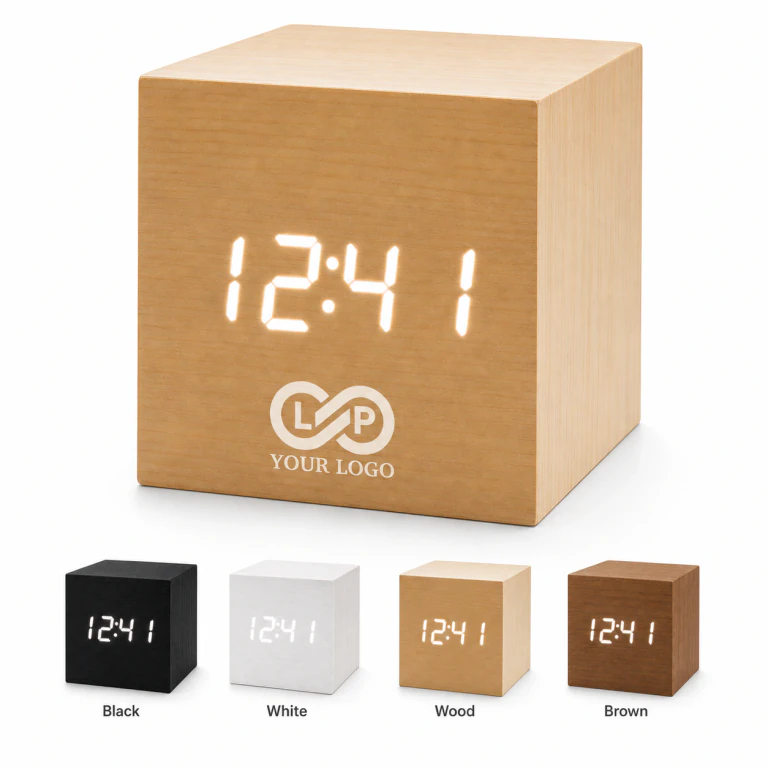 Voice Control LED Wooden Clock Cube with Temperature Alarm