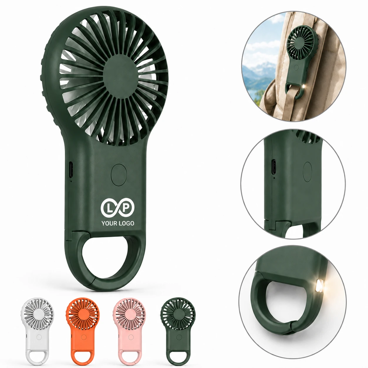 Mini Rechargeable Handheld Fan with LED Light and Carabiner