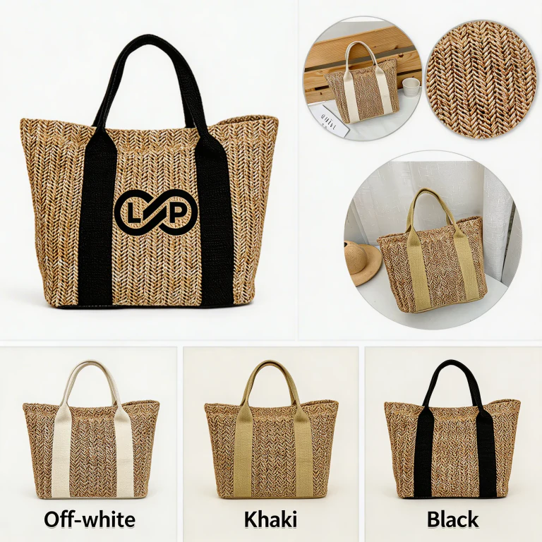 Women Beach Vacation Large Top Handle Straw Handbag Tote