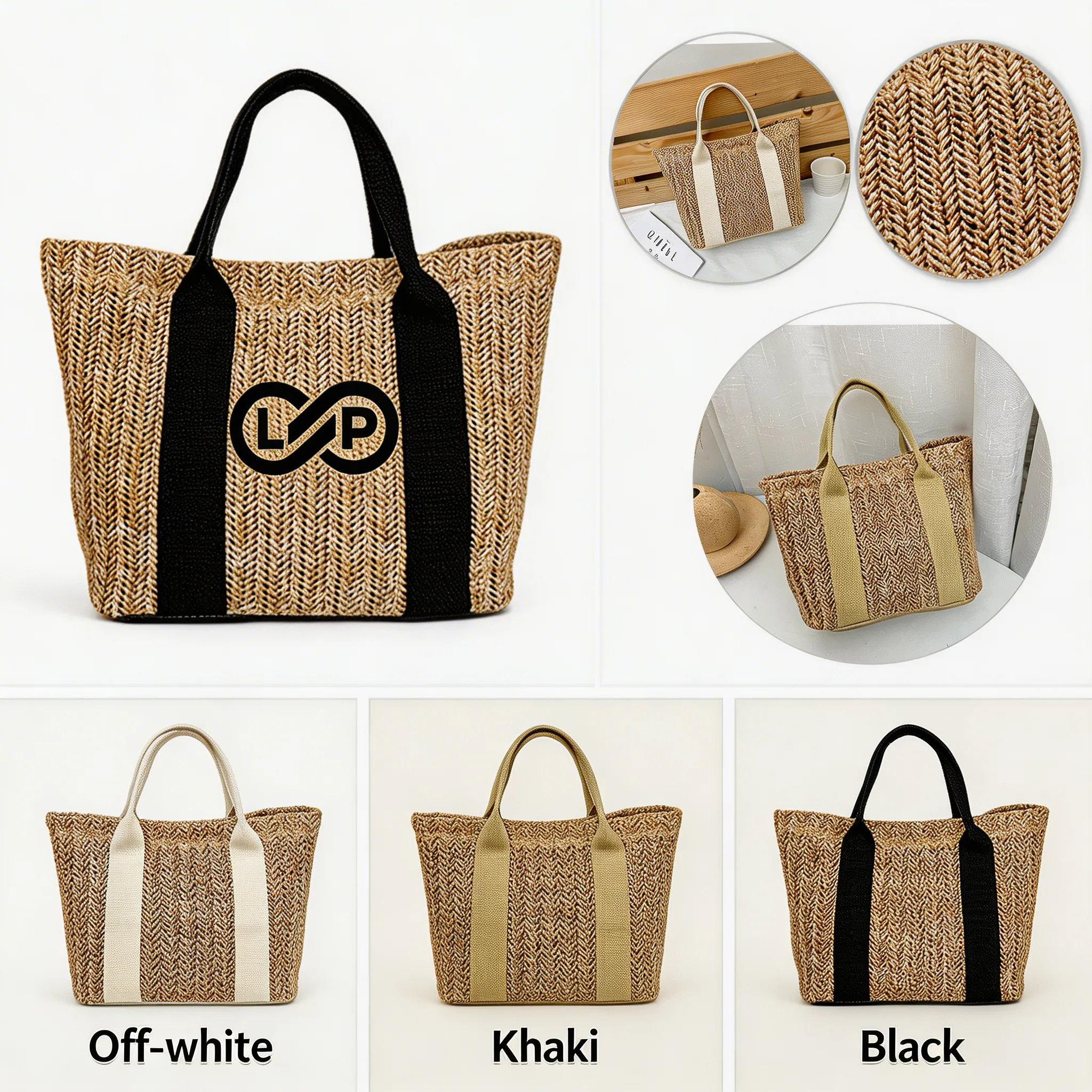 Women Beach Vacation Large Top Handle Straw Handbag Tote
