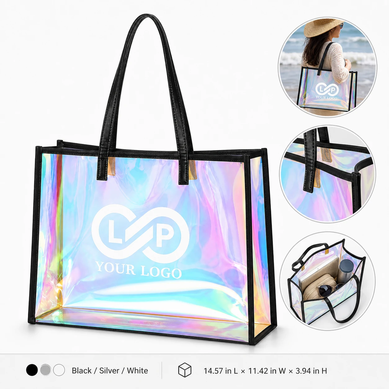 Large Iridescent Clear Tote Bag - PVC, Comfort Handles