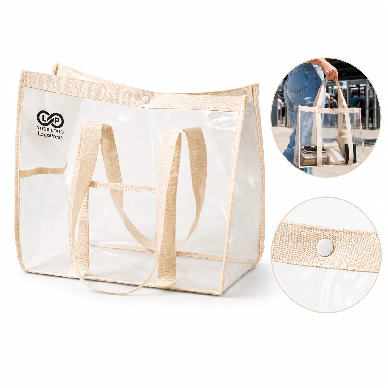 Clear PVC Tote Bag with Snap, for Pool, Beach & Stadium