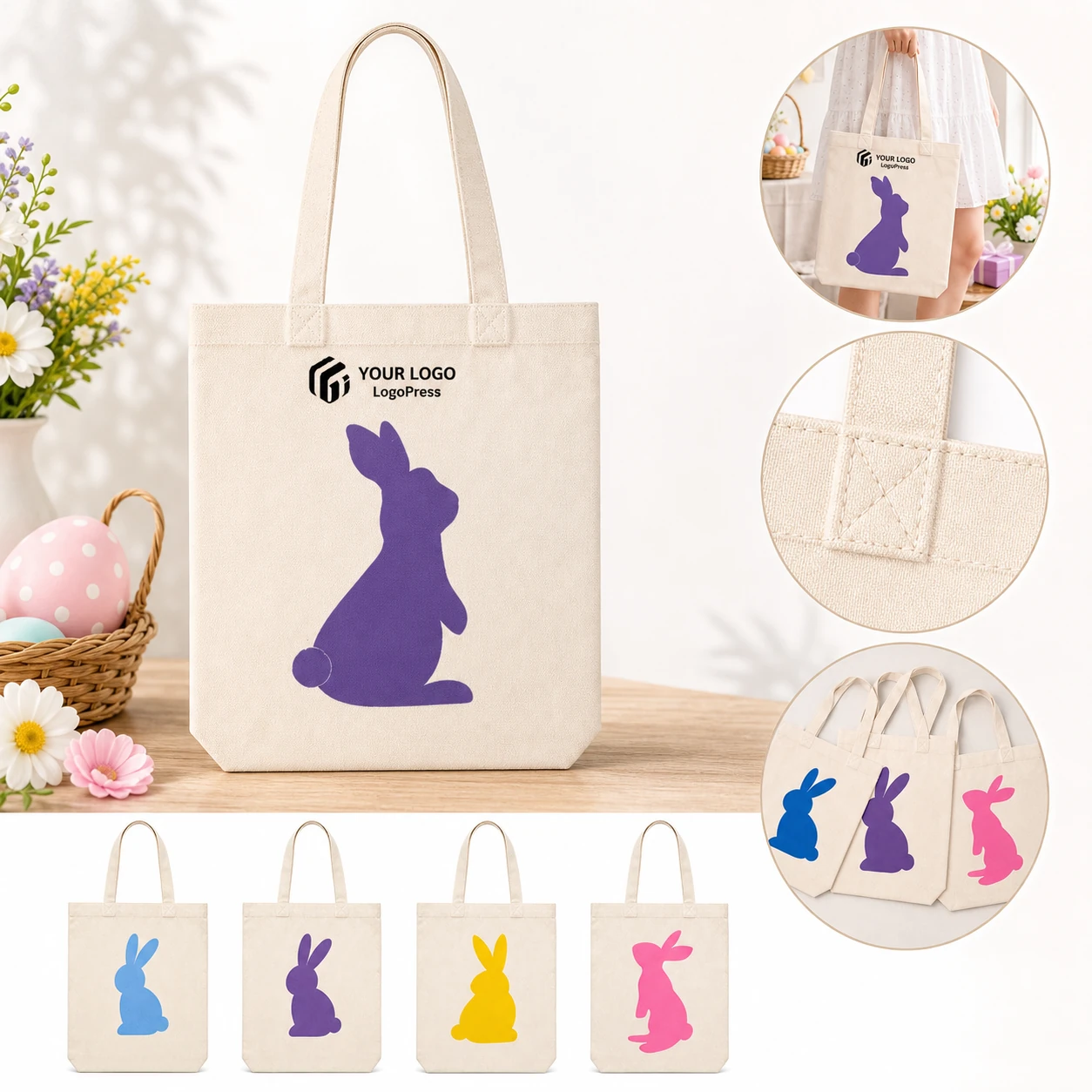 Lightweight Reusable Easter Bunny Canvas Tote Bag for Gifts