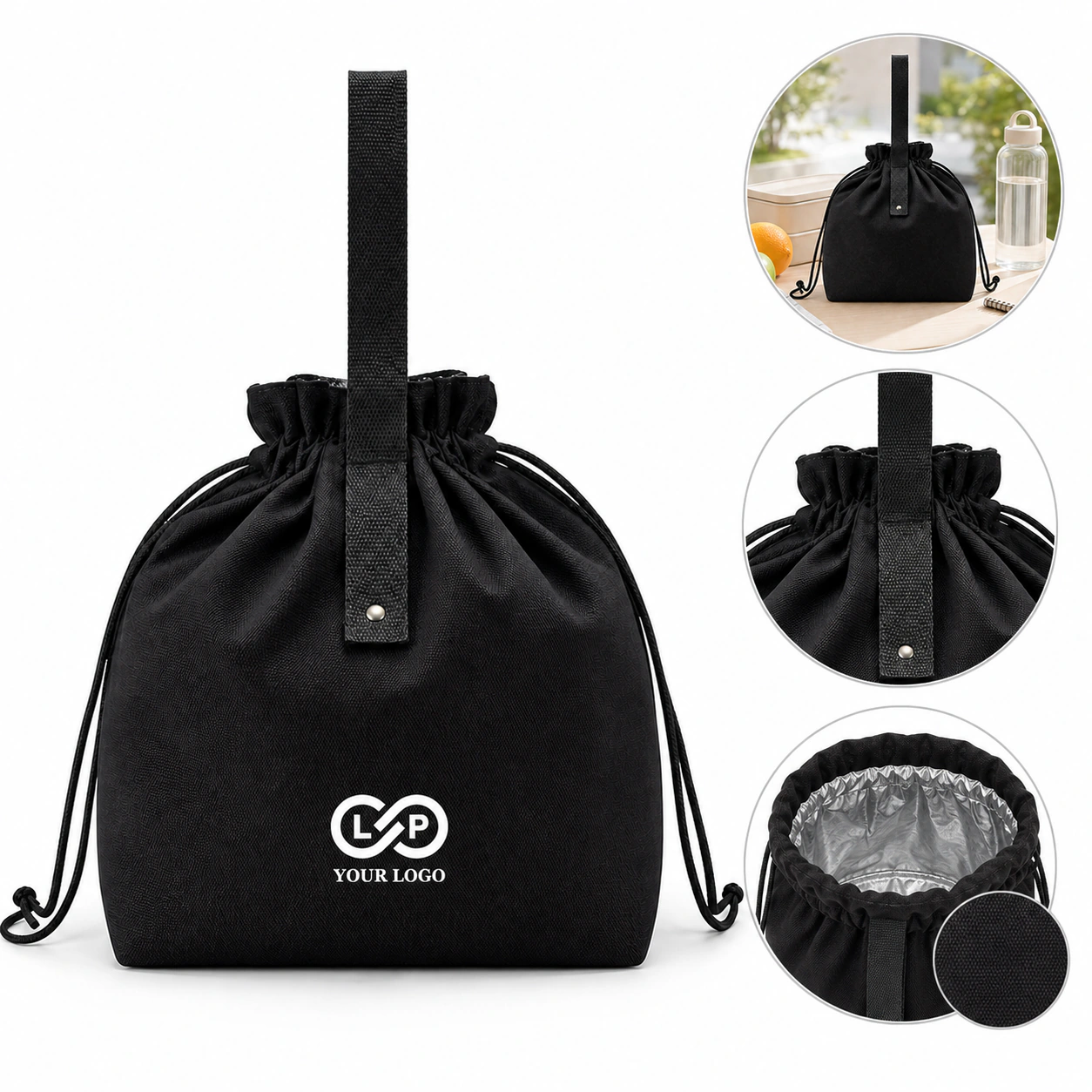 Reusable Canvas Drawstring Insulated Lunch Bento Tote Bag