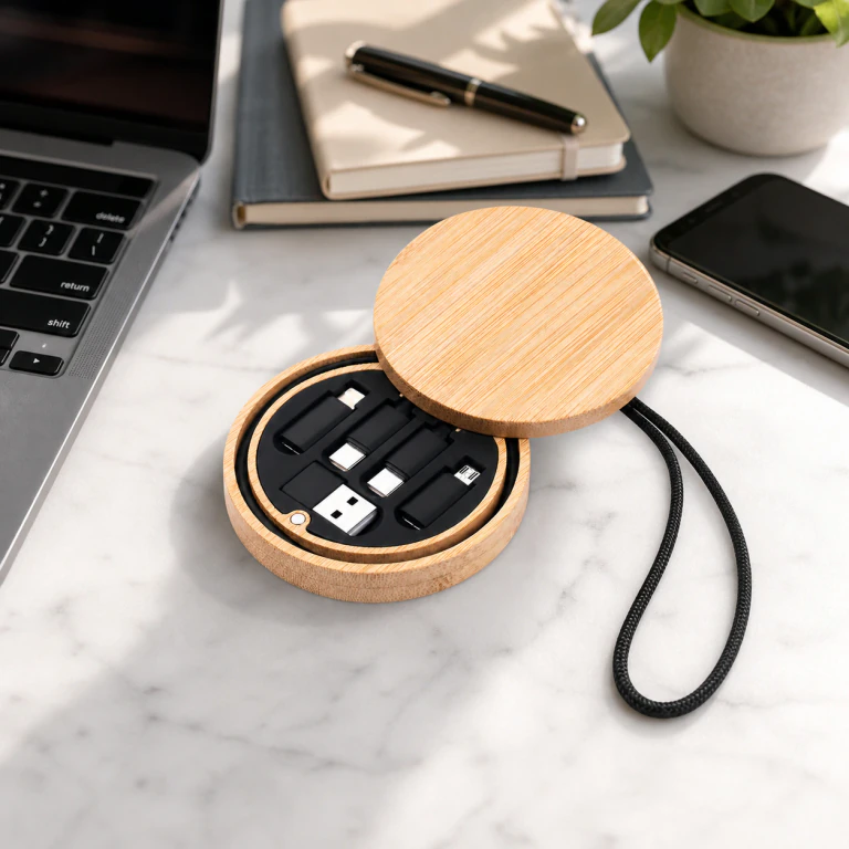 Travel USB Charging Kit with Wooden Case & Wheat Straw Cable