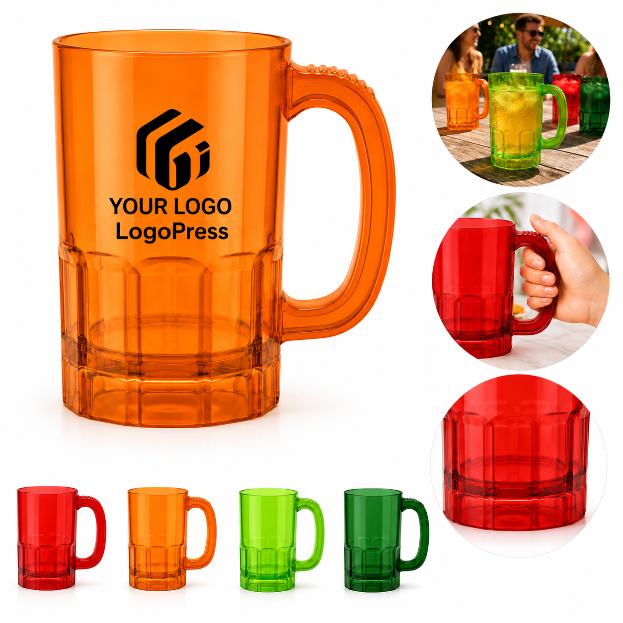 Large Multi Color Plastic Beer Mugs with Handle