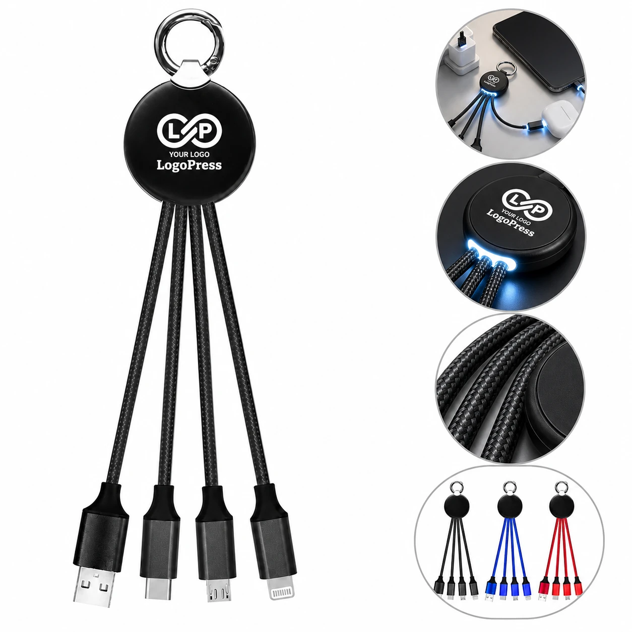 3-in-1 Light Up Keychain Cable, Charge 3 Devices