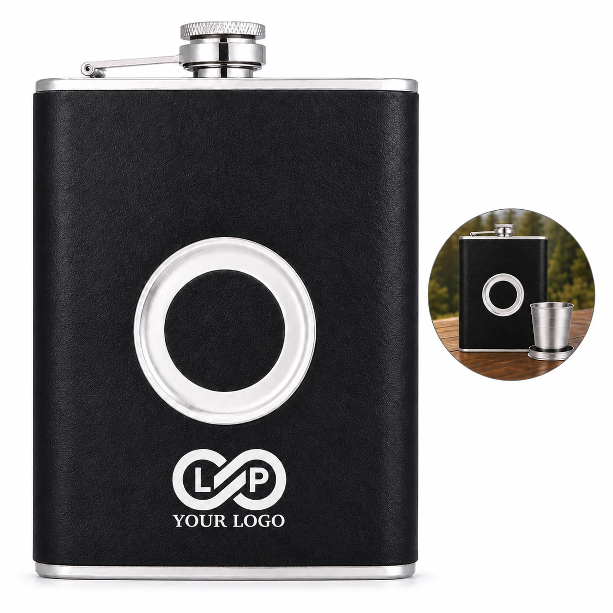 304 Stainless Steel Leather Flask with Built-in Folding Cups 8oz
