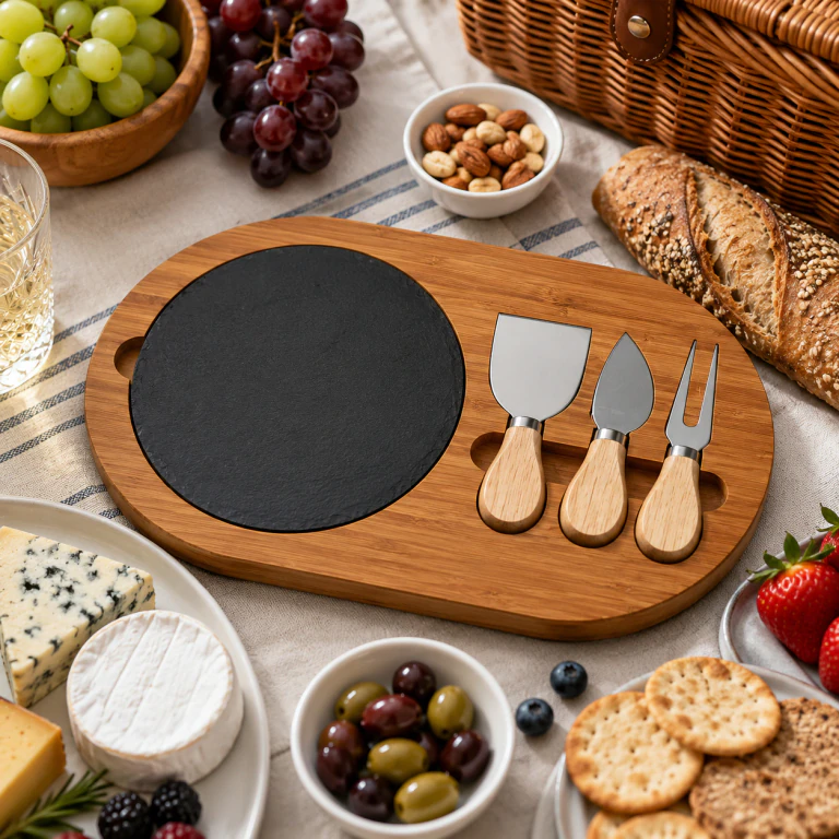 Bamboo Cheese Board Knife Set with Slate Tray and Steel Knives