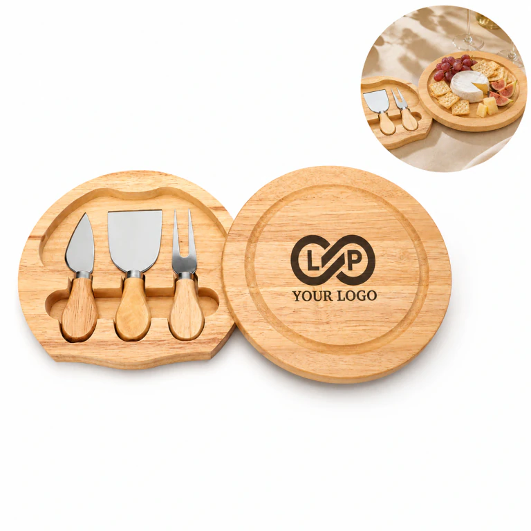 Rubber Wood Cheese Knife Set with Spatula, Fork & Storage Compartments