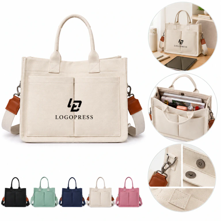 Large Capacity Canvas Tote Bag with Pockets and Adjustable Strap