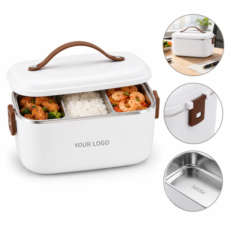 Leakproof Portable Electric Heated Lunch Box with Stainless Steel 3 Compartment