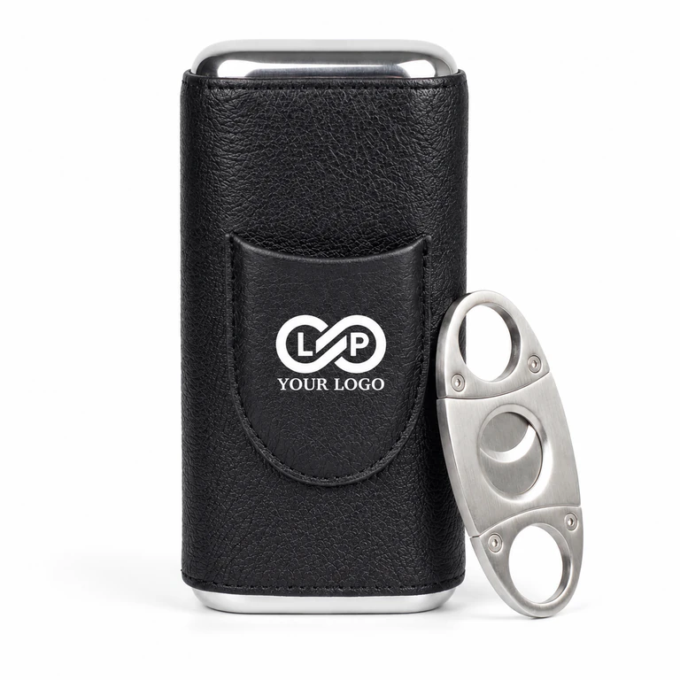 Portable Leather Cigar Case with Cutter - Travel Humidor, Cedar Lining, Holds 3 Cigars