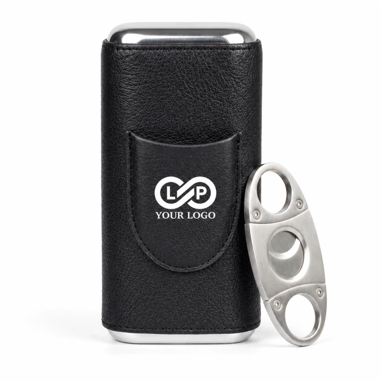 Portable Leather Cigar Case with Cutter - Travel Humidor, Cedar Lining, Holds 3 Cigars