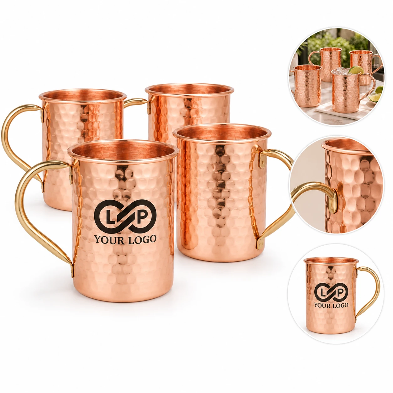 Rose Gold Hammered Copper Moscow Mule Cups Set Of 4, Stainless Steel