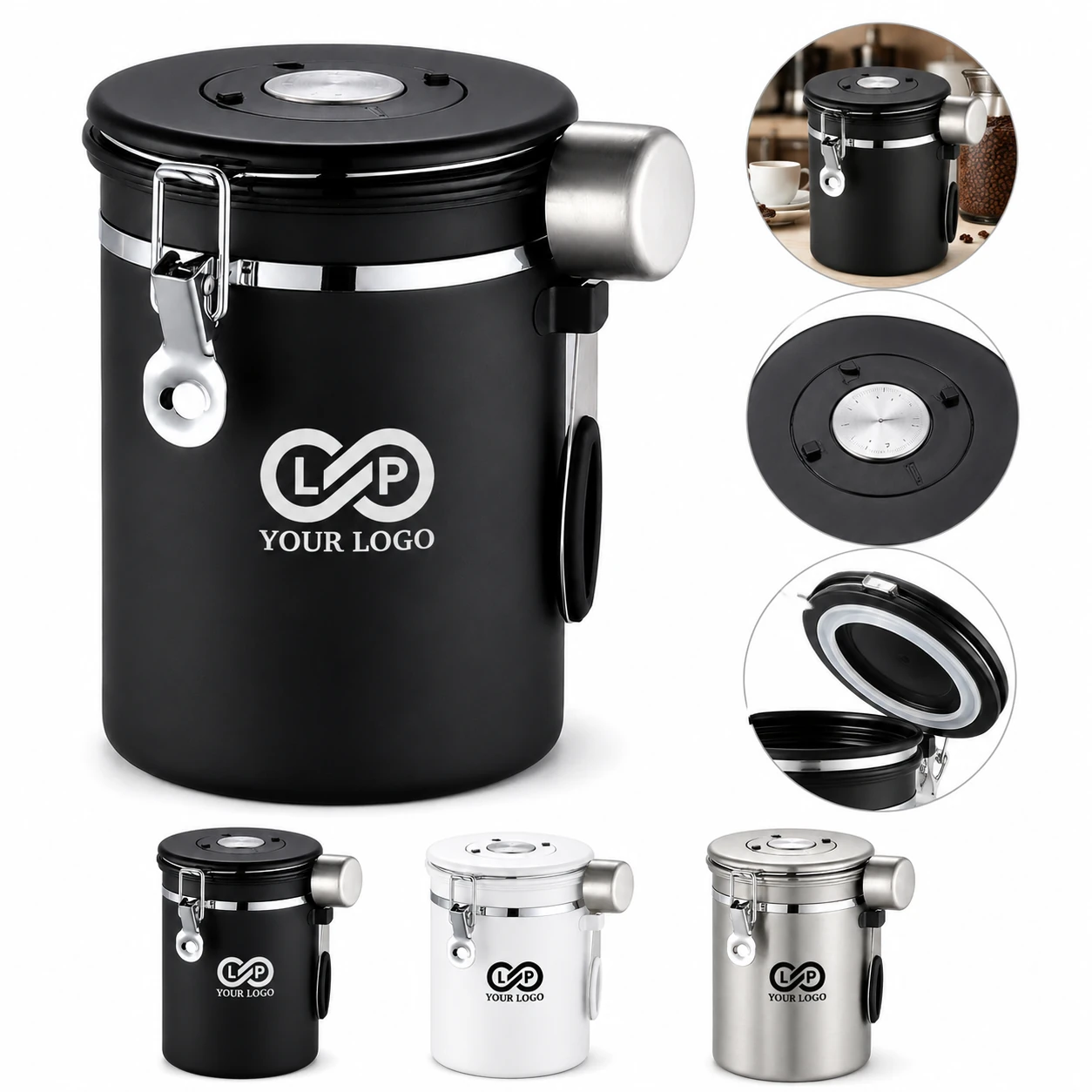 Stainless Steel Vacuum Coffee Jar with Time Compass & Measuring Spoon