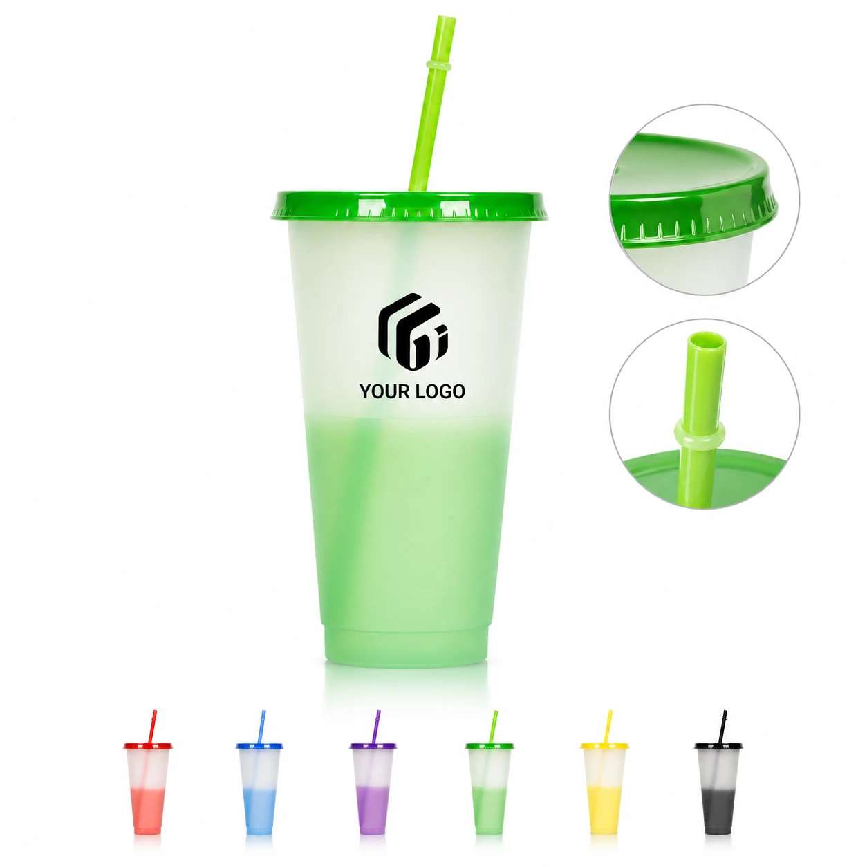 24oz Reusable Plastic Color Changing Cups with Lid and Straw