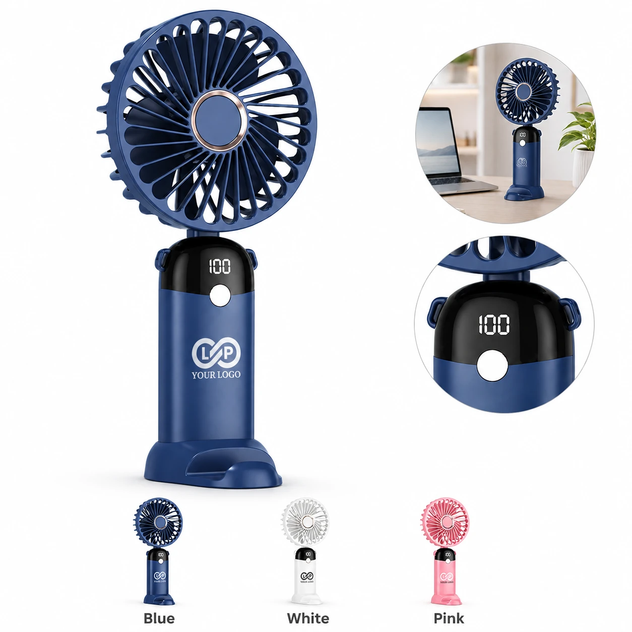3-in-1 Portable Rechargeable Digital Display Foldable Handheld Fan