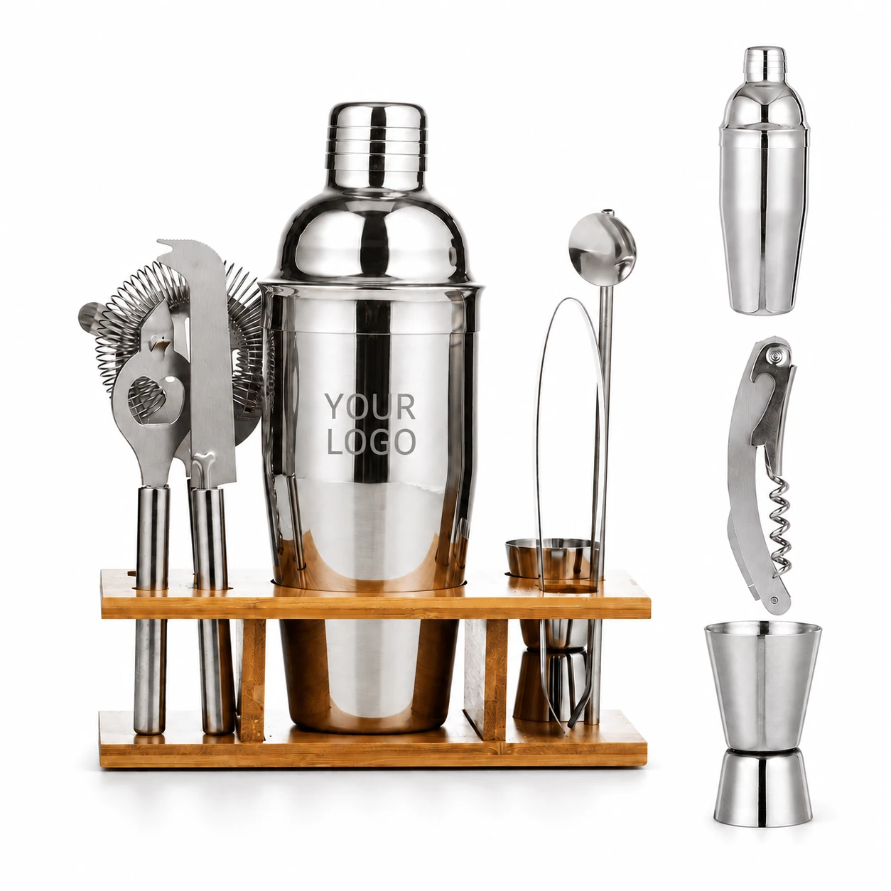 11-Piece Stainless Steel Cocktail Shaker Set with Bamboo Stand